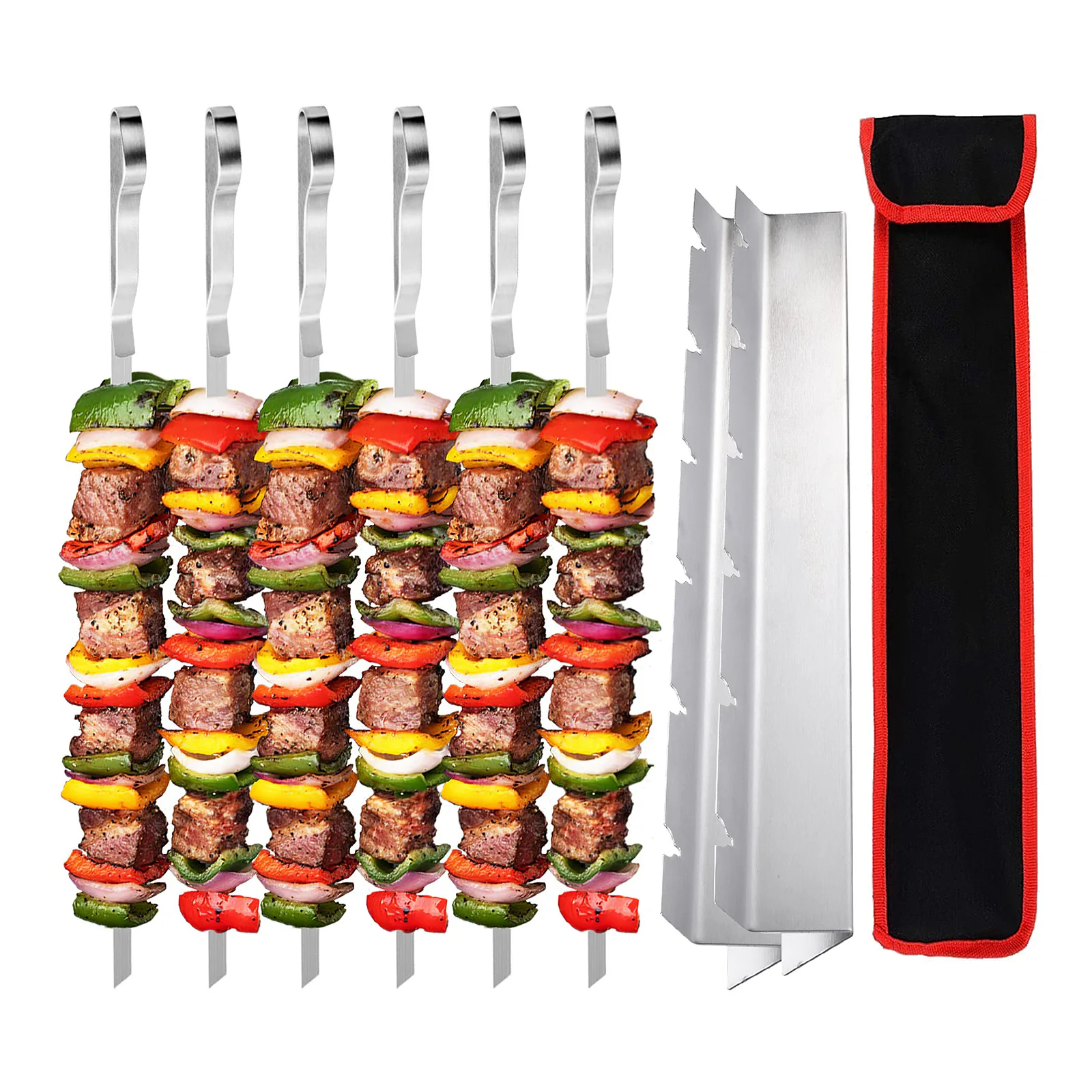 

6Pc BBQ Skewers Stainless Steel Kebab Skewers With Holder Reusable Grilling Skewers For Meat Camping Party Grilling Accessories