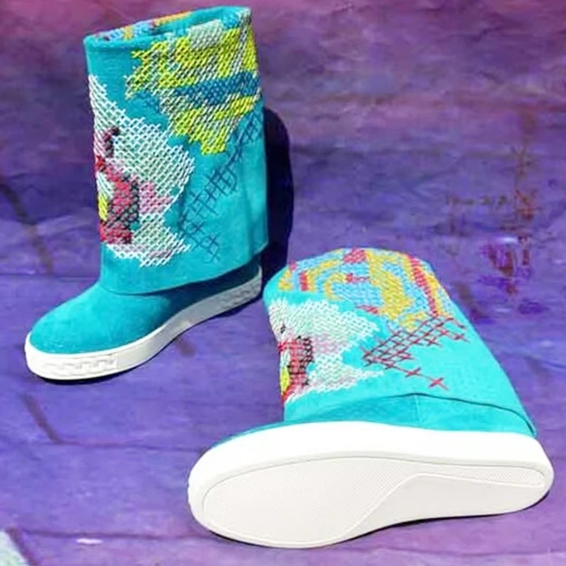 

Thick Trimmed Rubber Sole Fold Over Boots Blue Black Beige Handmade Cross Stitch Height Increasing Knee High Boots Round Toe