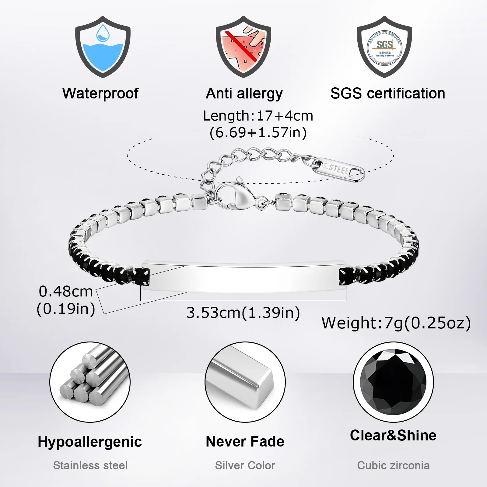 Bracelet de Tennis personnalisé pour hommes et garçons, Bracelet élégant en Zircon noir imperméable, cadeau de bijoux d'anniversaire