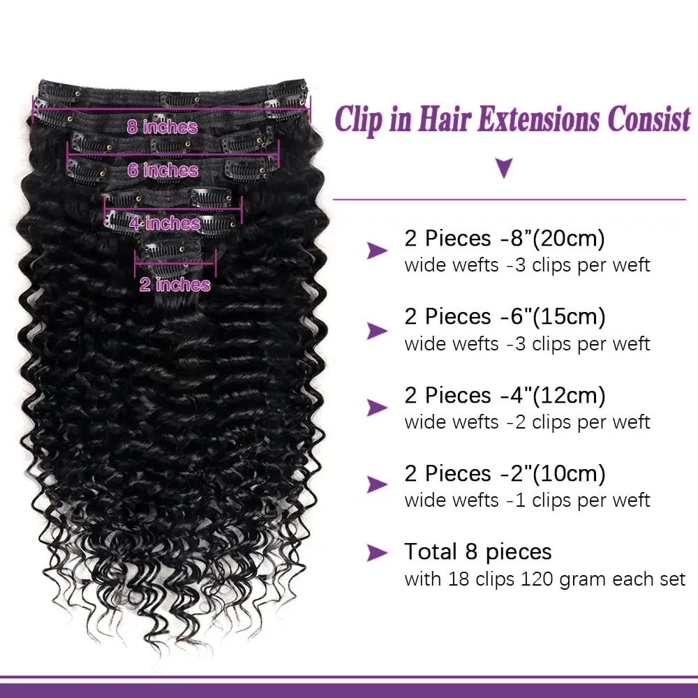 Extensions Deep Wave brésiliennes naturelles Remy, cheveux bouclés, double trame, 18 clips, 240g, 360g, 8 pièces