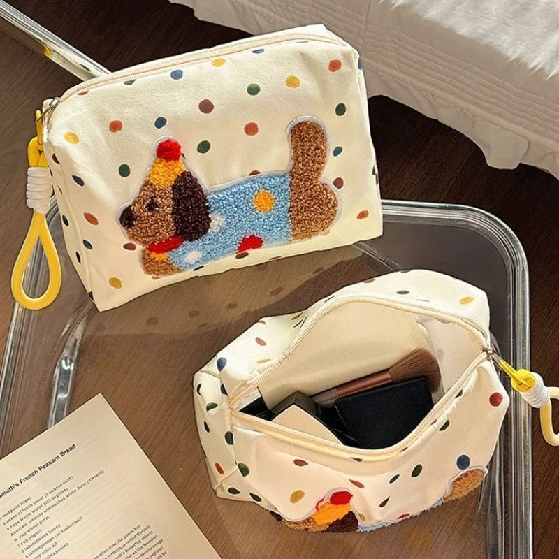 Cute Cartoon Dog Polka Dot Canvas Bag Large-capacity Portable Cosmetic Storage Bags for Travel Makeup Organizer Handbag for Girl
