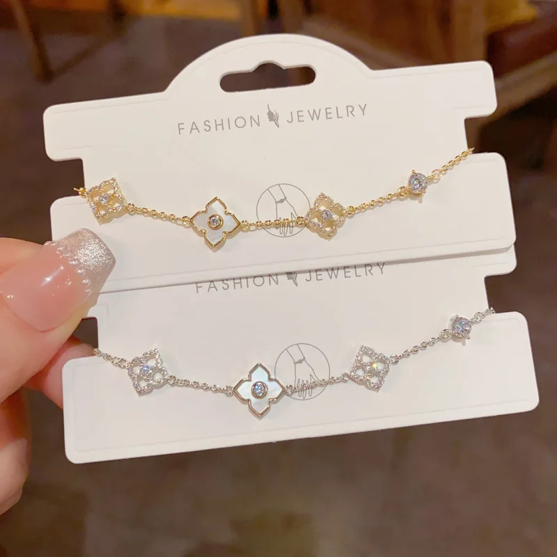 Korean Shell Stone Crystal Flower Adjustable Bracelet for Women Fashion Stainless Steel Jewelry Bracelet Accessories Gift
