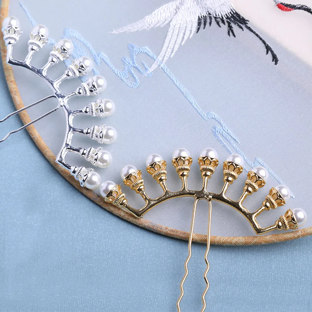 Retro Super Fairy Crystal Petals Women Alloy U-shaped Hanfu Hair Sticks Hair Forks Hair Accessories Pearl Row Hairpin