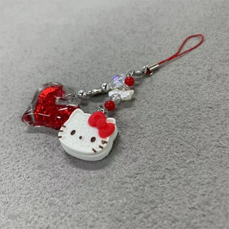 Anime bonito cordão do telefone móvel glitter amor pingente olá kitty ins moda dos desenhos animados kt gato chave curta pingente presente atacado