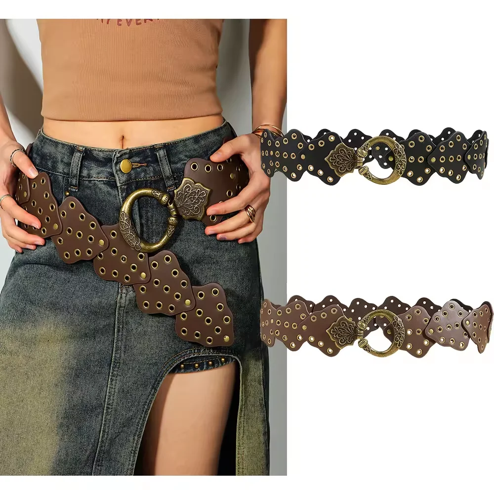 Women Western Vintage Metal PU Leather Belt Grommet Wide Waist Iron Bucklet Belt Grunge Y2k Accessories