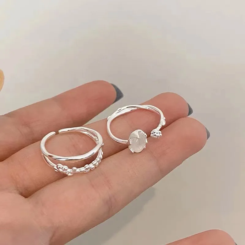 1set Hot Selling Instagram Style Creative temperament, Simple And Fashionable Paired ring, Moonstone Plain Ring Open Mouth Ring