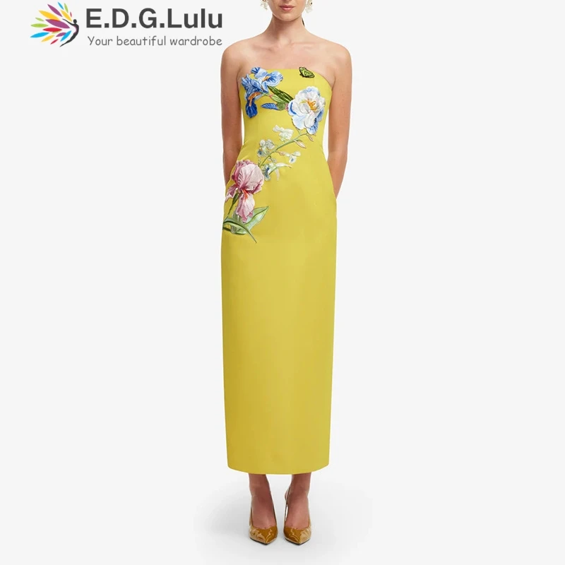 

EDGLuLu 3d Embroidery Flower Strapless Dress Woamn Sleeveless Backless Yellow Party Long Dress 2026 Spring New 0126