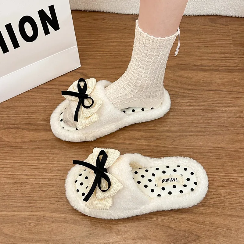Winter New Bow Decor Lightweight Casual Women's Cotton Slippers 2026 Fashion Polka Dot Design Warm Lining Non Slip Women Shoes