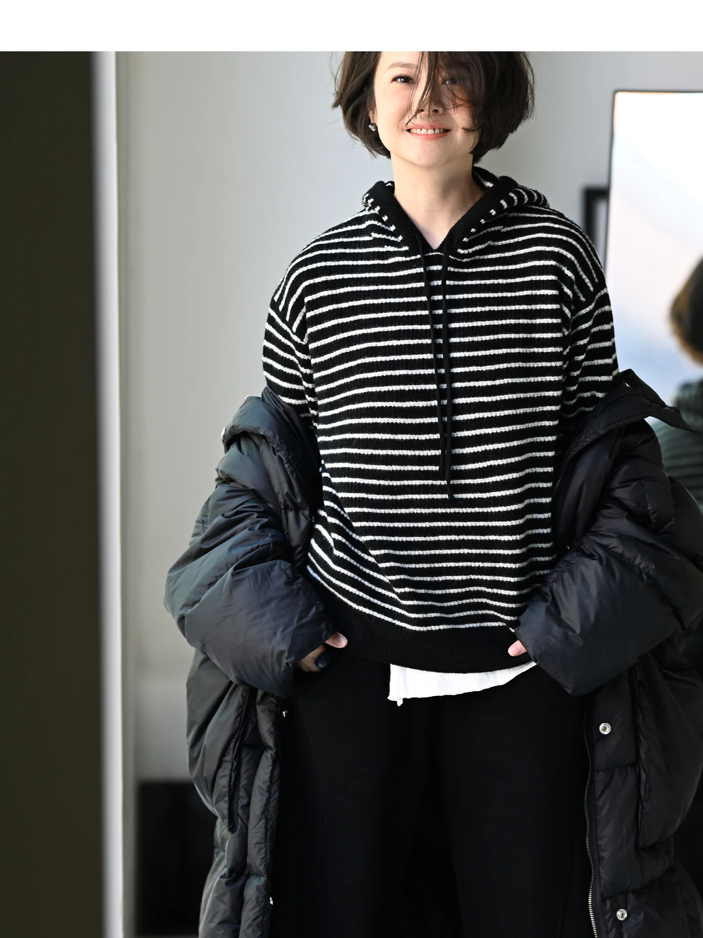 

Classic Bla White Striped Hooded Pure Woolen Sweater M9337C Versatile Loose Fit Autumn Winter Women's Faion Commute Sle