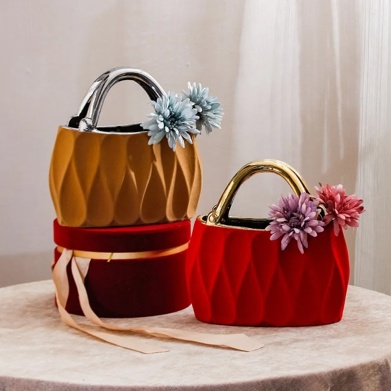 Ceramic Vase Handbag Luxury Room Decorative Dried Flower Bottle Modern Home Decoration Vases Unusual Shape Flocking Cachepot