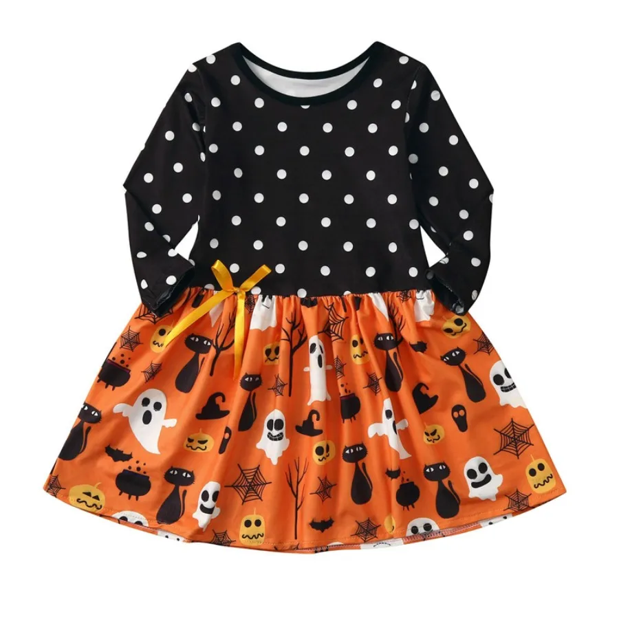 

【New style】Girls Europe and America spring and autumn long-sleeved round dots Halloween pumpkin dress children's clothing