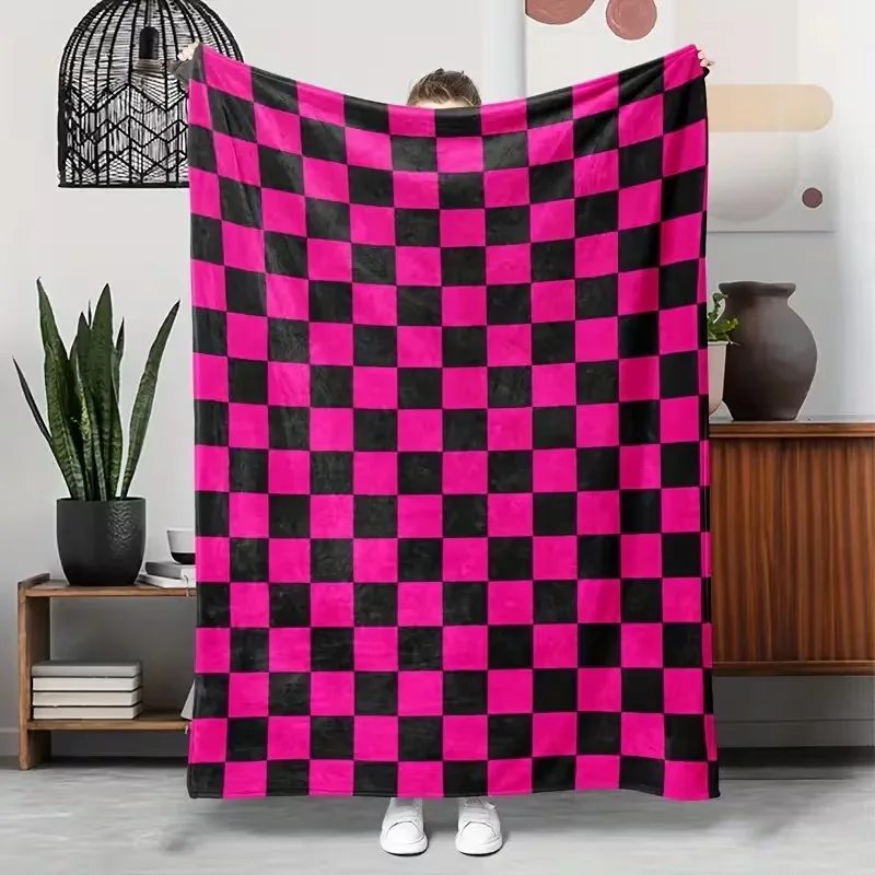 Hot Pink Black Checkerboard Blanket Trendy Retro Check Print Soft Warm Cozy Y2K Aesthetic Room Decor Blanket For Bedroom Dorm