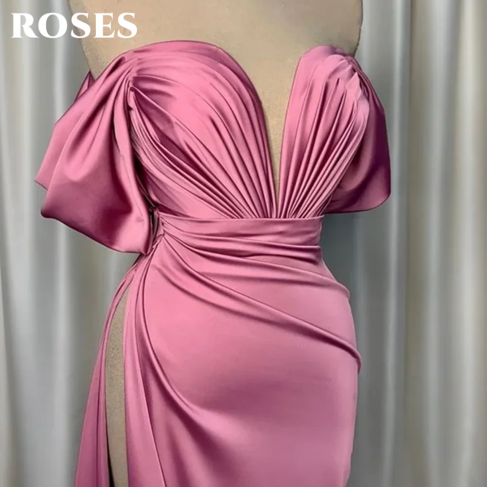 فستان سهرة باللون الأخضر الوردي قبالة الكتف من الساتان مناسبة رسمية فستان طيات فساتين حفلات البوق مع فتحة عالية مخصصة