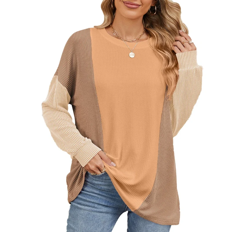 New Fashionable Contrasting Color Long-sleeved Loose Threaded Patchwork Top for Women