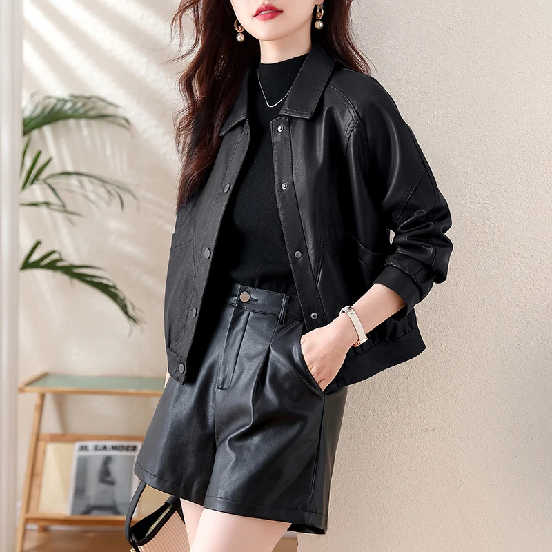 Chaqueta de Cuero E para Mujer, Estilo Nuevo 2024, Primavera Otoño, Prenda Exterior Informal de Alta Gama, Manga Larga...