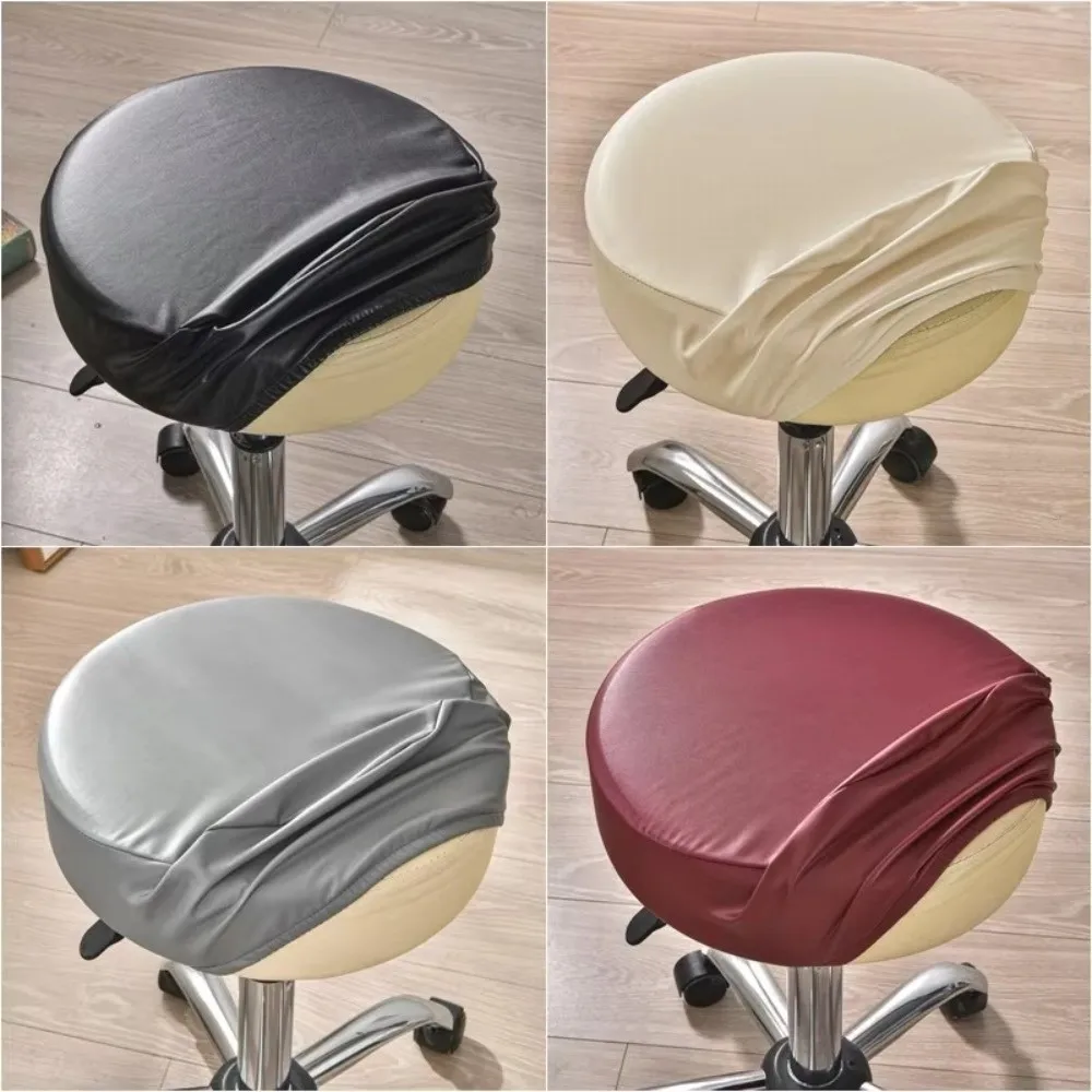PU Leather Round Seat Cover Waterproof Solid Color Rotating Chair Slipcover All Inclusive Dustproof Bar Stool Chair Cover