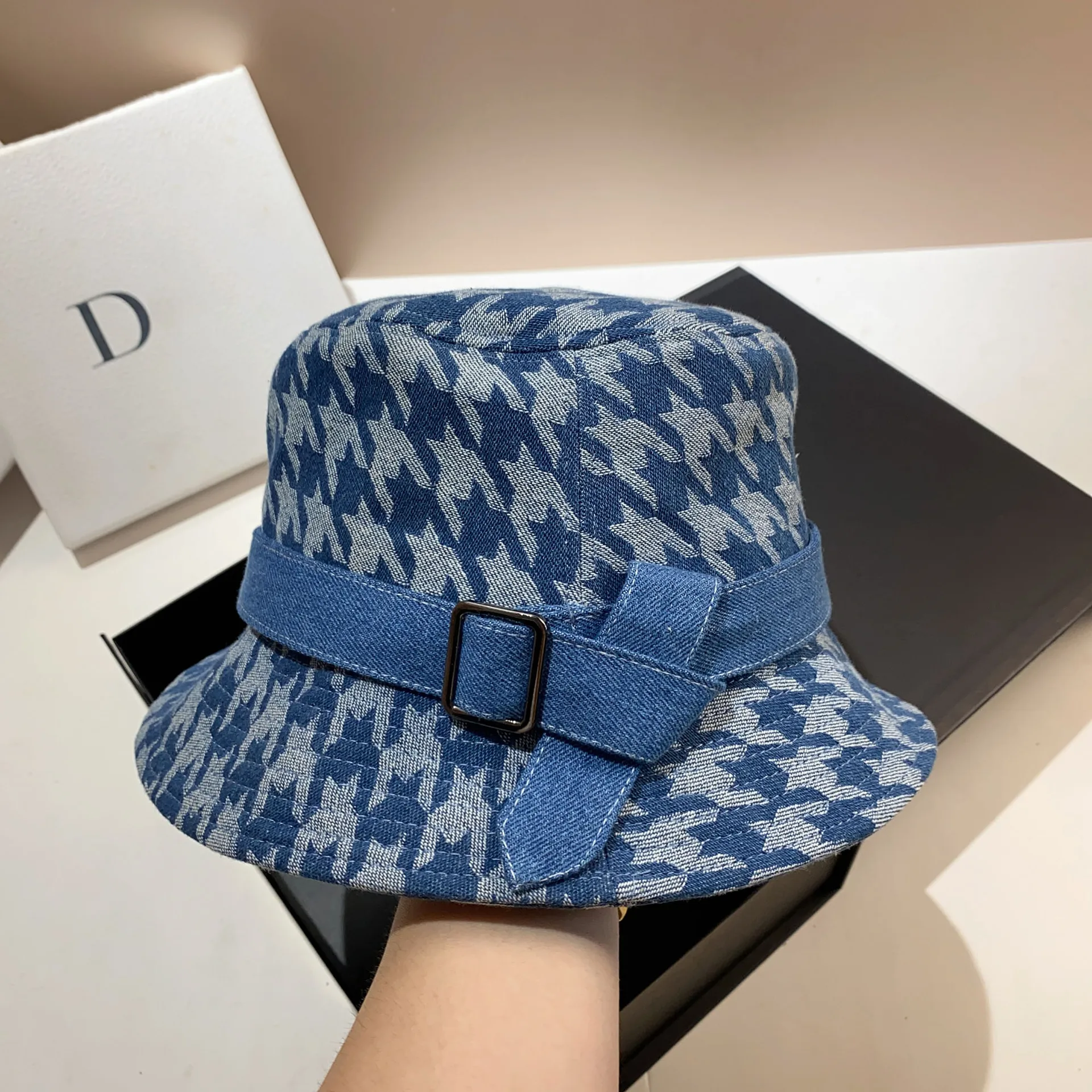 Luxury Houndstooth Women\'s Denim Bucket Hat Summer Spring Flat Fisherman Hat Korean Fashion Casual Outdoor Beach Sun Hats