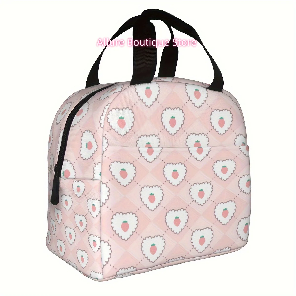 Beautiful Pink Strawberry Lunch Box Small Size Insulated Lunch Box with Front Pocket Kawaii Style Girl Boy Frozen Lunch Box Ladi
