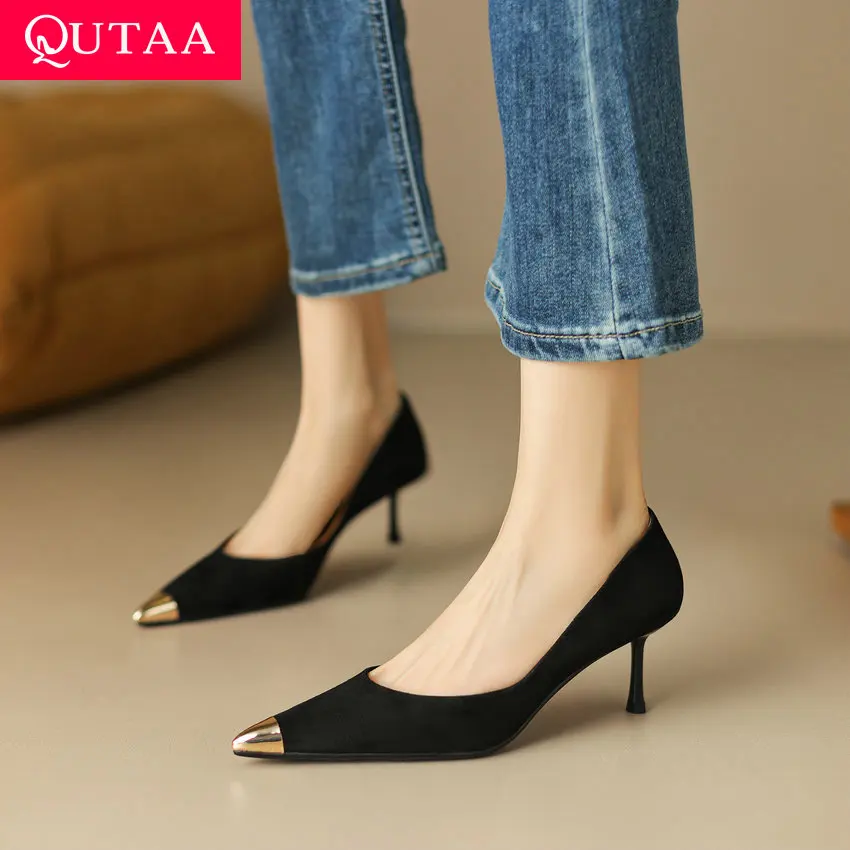 QUTAA 2023 Spring Summer Women Pumps Shoes Woman Party Wedding Pointed Toe High Heels Elegant Fashion Genuine Leather Size 34-40