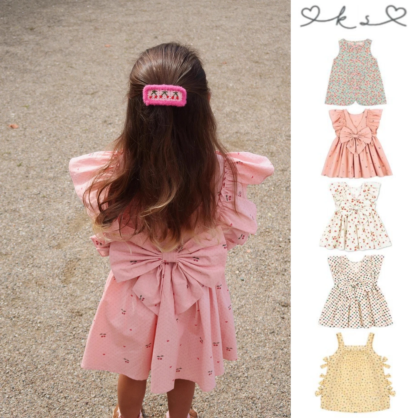 

2026 KS Summer Baby Girls Cherry Strawberry Bow Princess Dresses Kids Cotton Clothes Girls Floral Printed Casual Tank Slip Dress
