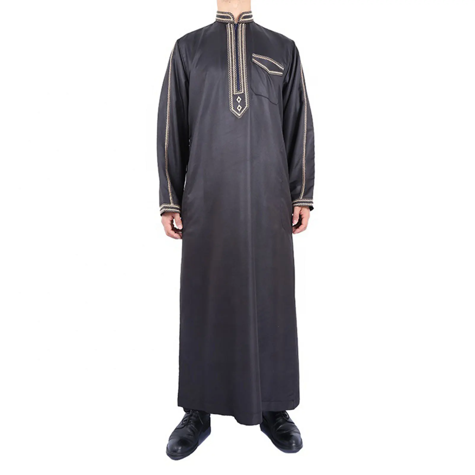 Moda muçulmano oriente médio masculino manga longa árabe gola islâmica cor sólida kaftan impressão dubai longo jubba thobe abaya my951