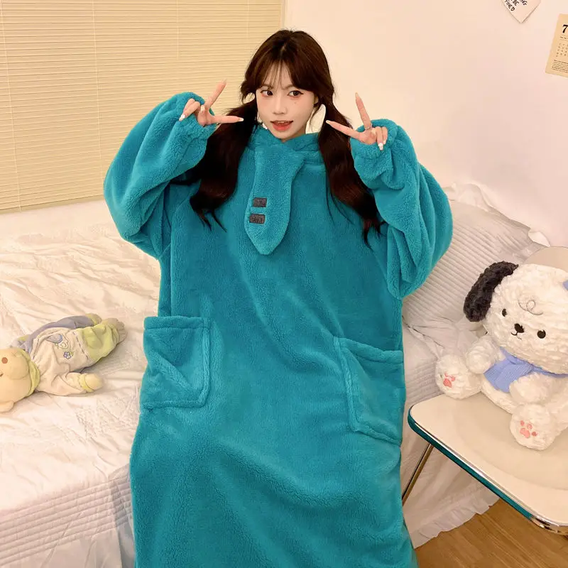 Kawaii Hatsune Miku Plush Sleepwear for Women In Winter, Thickened Coral Fleece, Cute Cartoon Nightgown, Hooded Home Outfit