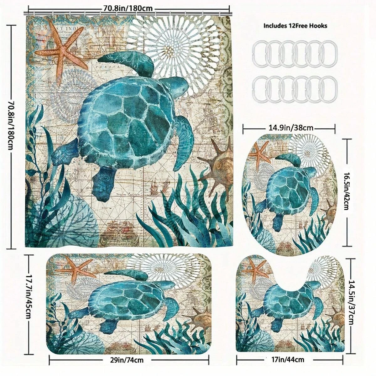 4pcs Waterproof Turtle Shower Curtain With 12 Hooks, Non-slip Bathroom Rug, Toilet U-shape Mat, And Toilet Lid Cover Pad