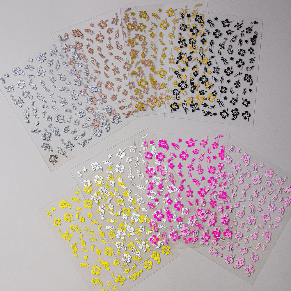 1/4/8PCS 3D Mixed Colors Hibiscus Flowers Nail Sticker White Black Red Pink Gold Silver Blooming Petals Adhesive Decals Nail Dec