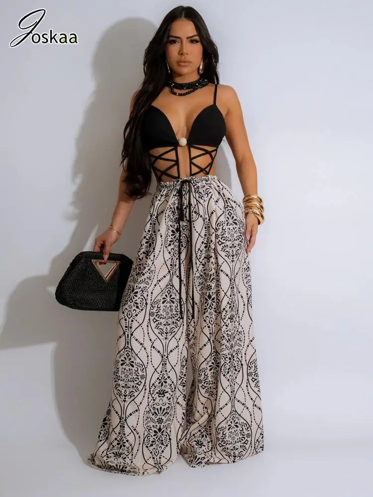 Joskaa Women Paisley Printed Spaghetti Strap Wide Leg Jumpsuit Fashion Low Cut Backless Bandage One Piece Rompers Y2K Streetwear