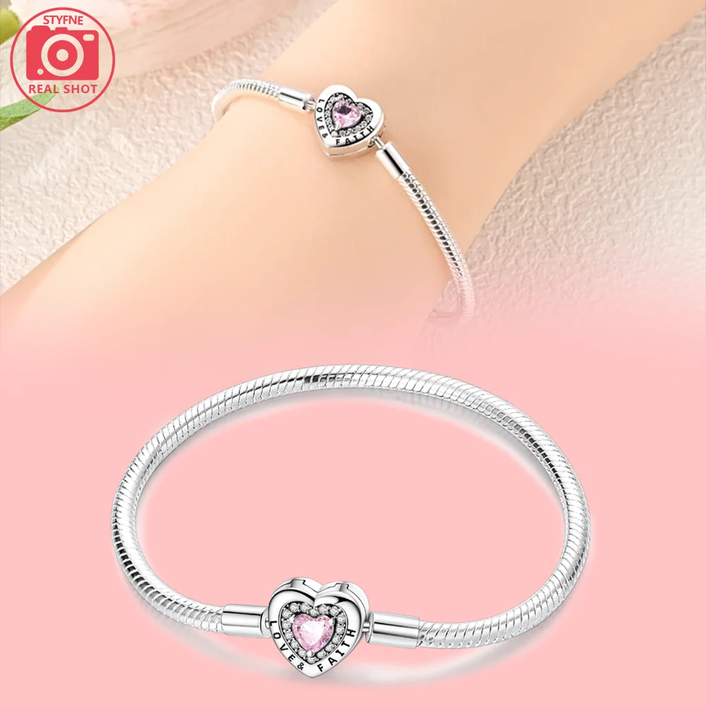 Original Charms 925 Sterling Silver Cross Bracelet Pink Heart Love&faith Zircon Bead Bracelet Exquisite Women Jewelry Gift Set