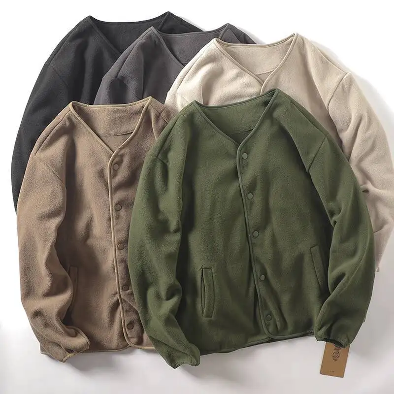 

Мужская двусторонняя флисовая куртка с v-образным вырезом, толстая теплая однотонная куртка без воротника с открытой передней частью, осенне-зимняя уютная верхняя одежда на подкладке, пальто