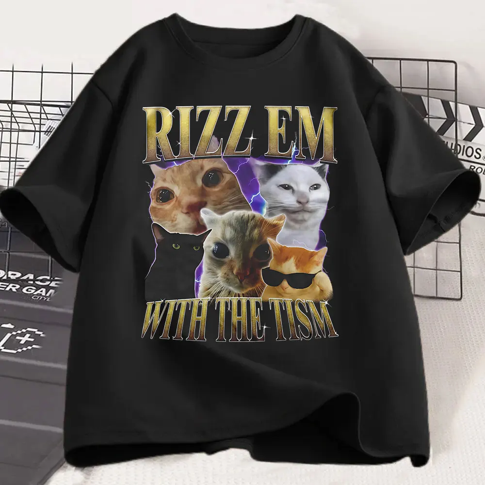 Rizz Em with The Tism T-Shirt Retro Funny Cat Meme Oversized T Shirt Tops Men Women Clothing Casual Cotton Short Sleeve T-Shirts