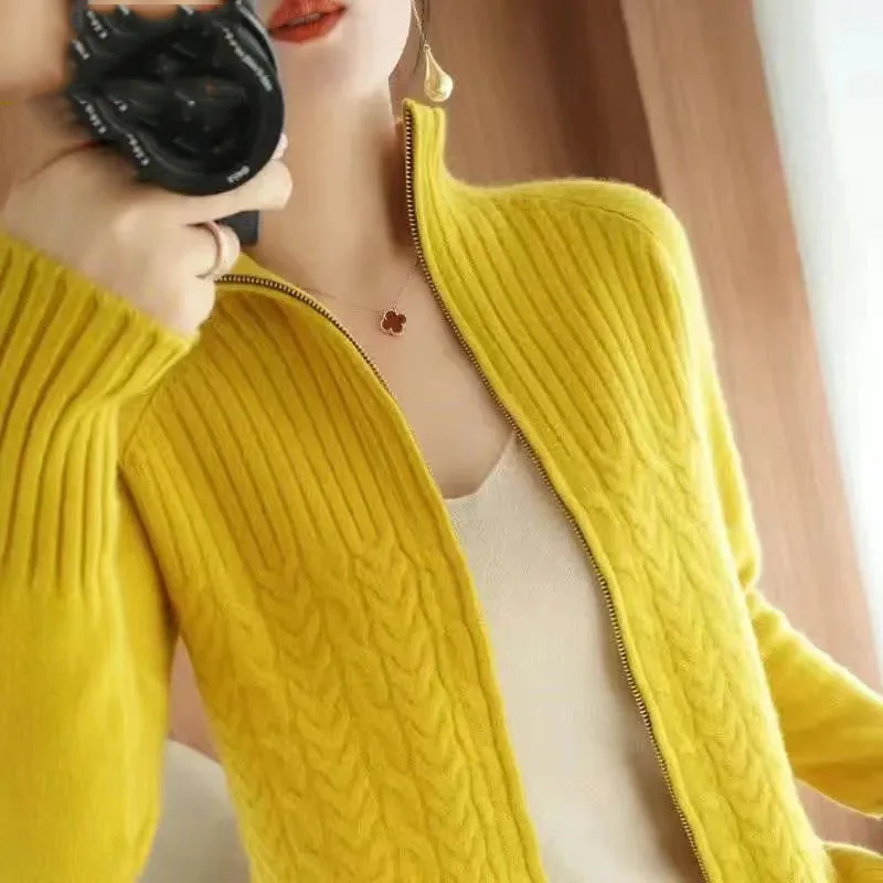 Pure Wool Cardigan Women's Fall/Winter Stand-Up Collar Sweater Loose Thick Warm Knit Sweater Twisted Solid Color Zipper Cardigan