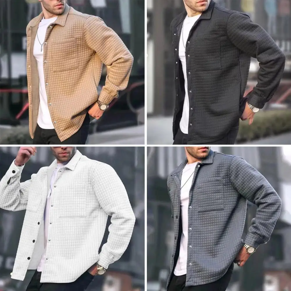 Versatile Men Jacket Stylish Men's Lapel Long Sleeve Jacket with Patch Pocket Solid Color Waffle Texture Coat Single for A