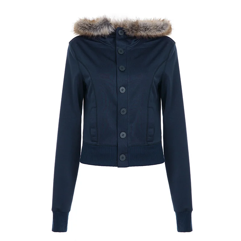 Damska bluza z kapturem, zapinana na guziki, z długim rękawem, z futrzanym wykończeniem, basic, jednolita, moda uliczna, jesień-zima 2025, T-shirt.