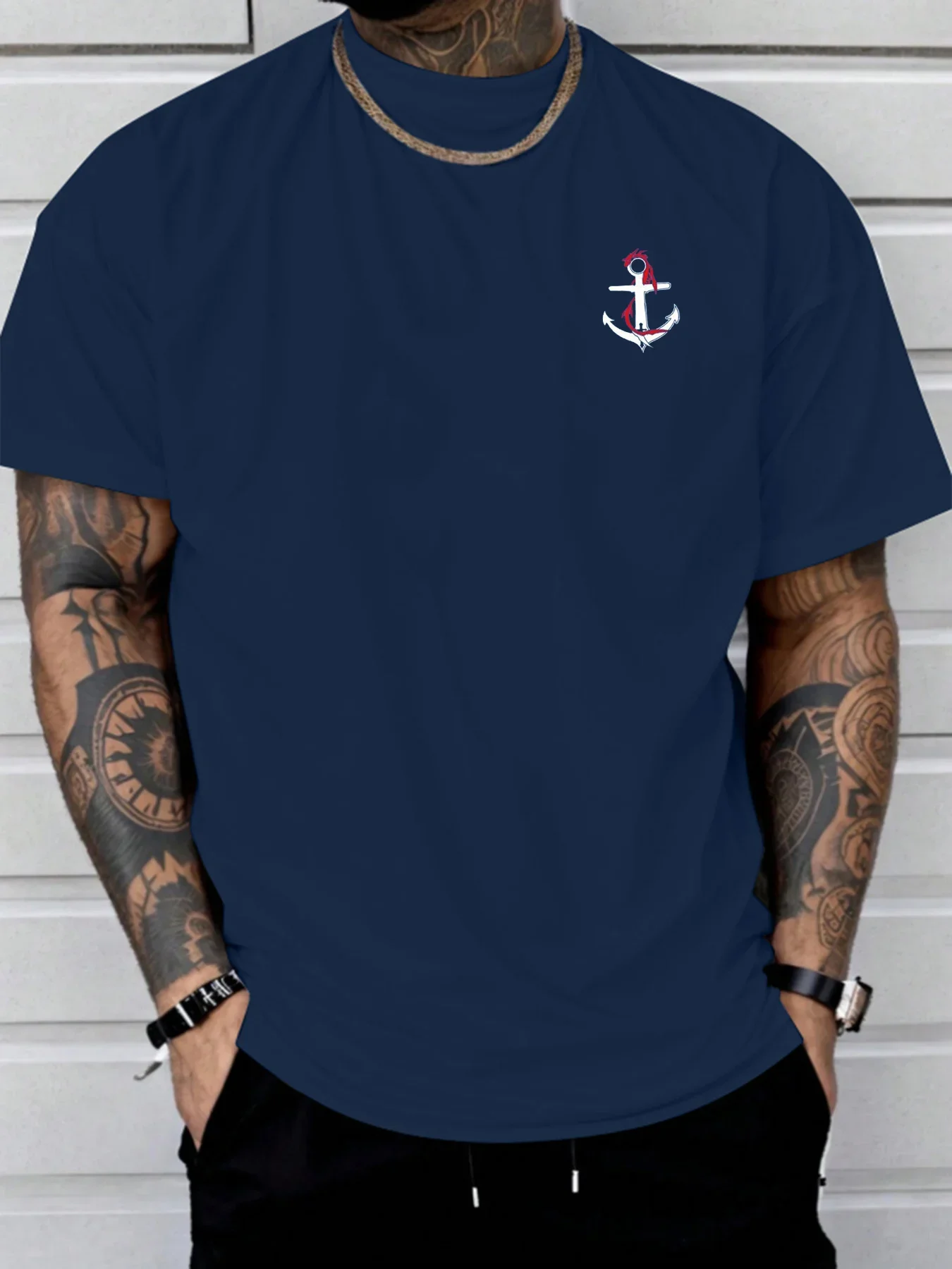 T-shirt à manches courtes et col rond pour hommes, 100% coton, à la mode, décontracté, ample, sport, motif dragon et ancre de ba