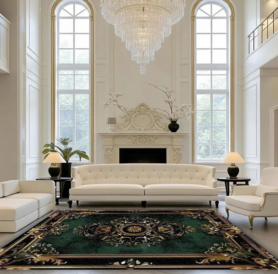 Luxury Vintage Medallion Area Rug Green Gold Ornate Non‑Slip Carpet Floor Mat for Living Room Bedroom Home Decor