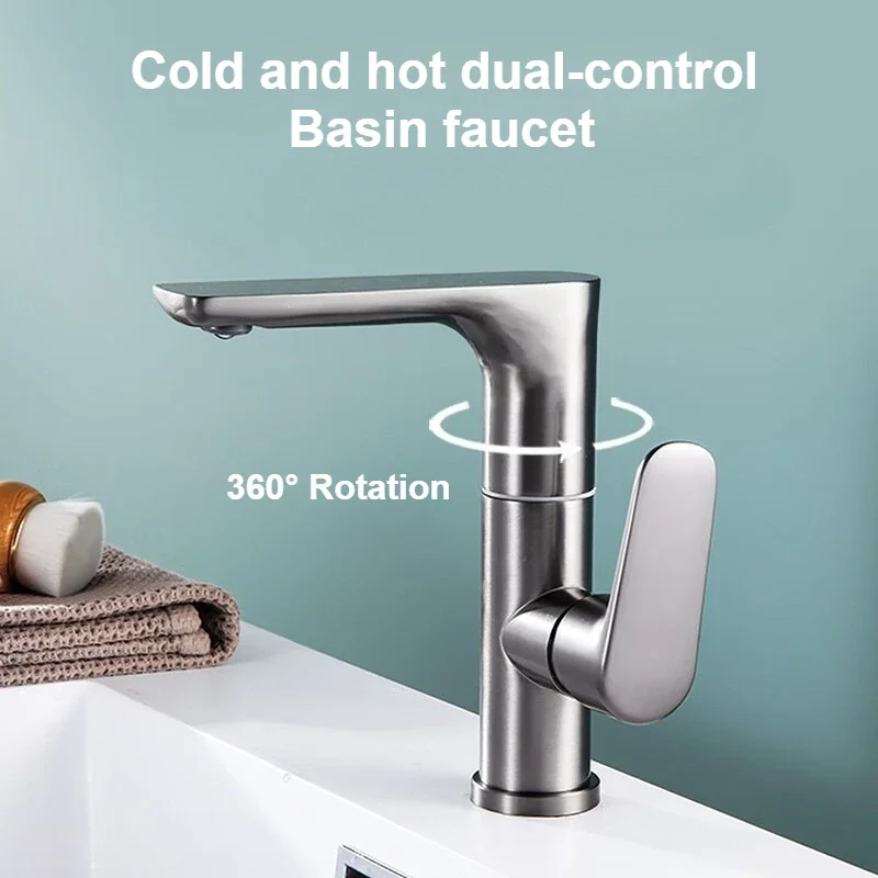 

360° Swivel Bathroom Faucet Stainless Steel Basin Faucets Hot and Cold Mixer Tap Gun Gray/Silver Bathroom Countertop Faucet