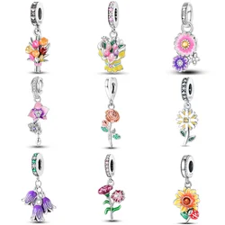 925 Sterling Silver Beautiful Sunflower Rose Spring Flowers Charms Beads Fit Fine Original Bracelets DIY Jewelry Accessory
