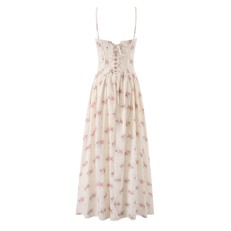 KEYANKETIAN Cottagecore Floral Corset Midi Gown Cream Base Thin Strap Structured Bust Waist Cinch Flared A Line Vacation Dress