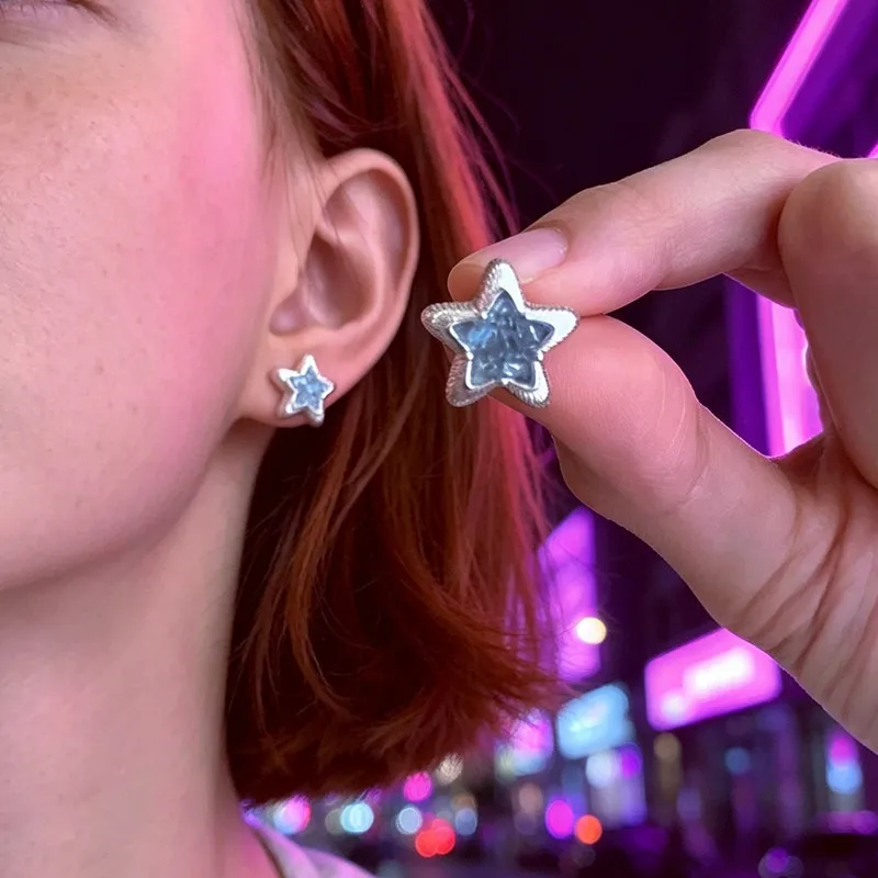 Druzy Zircon Blue Star Stud Earrings For Female Creative New Simple Fashion Cute Earings Wholesale