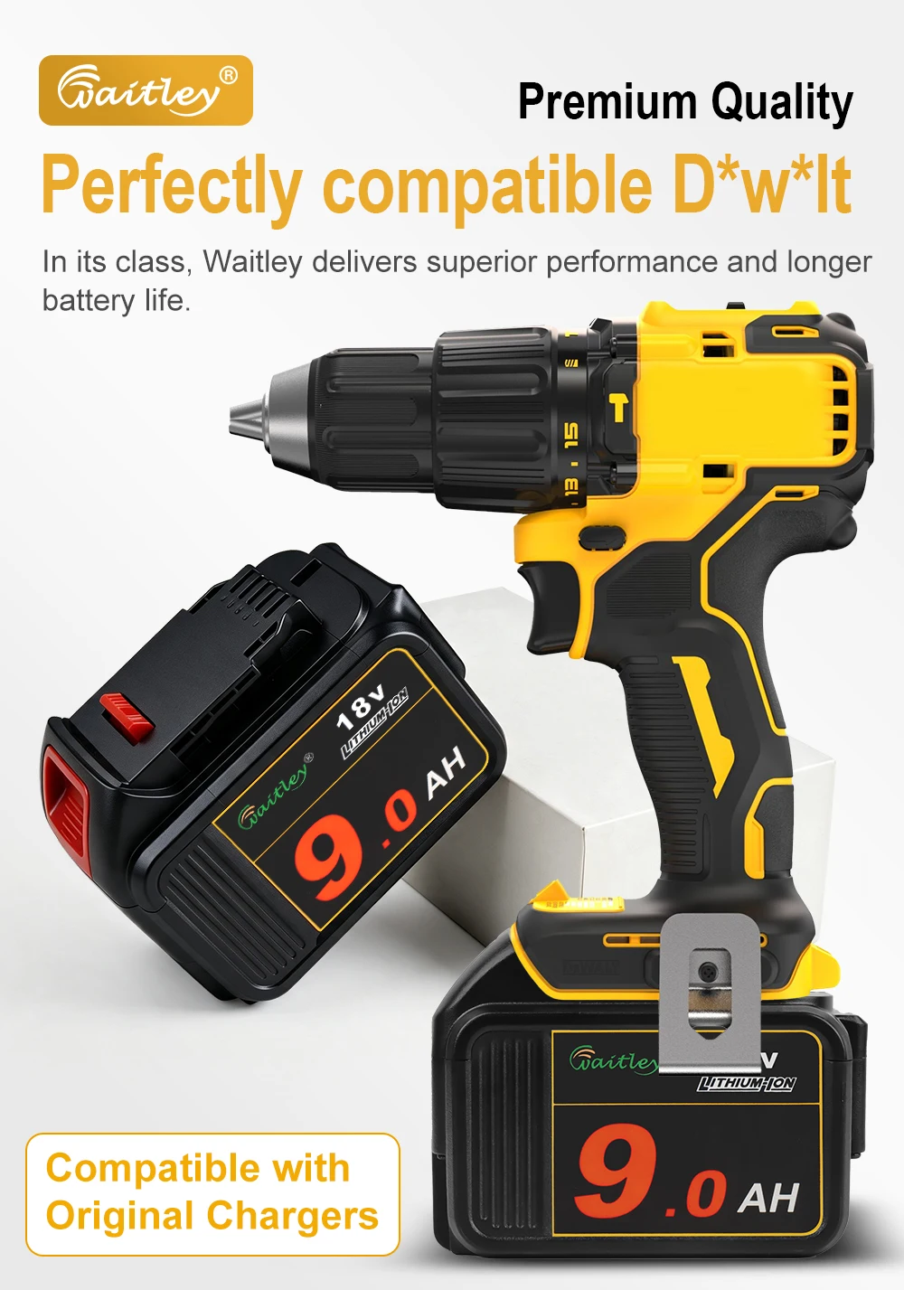 Waitley 9 Ah Akku kompatibel mit Dewalt 18 V Elektrowerkzeug-Bohrmaschine DCB184 181 201 200 20 V 18 V wiederaufladbare Lithium-Batterien – Detail 3