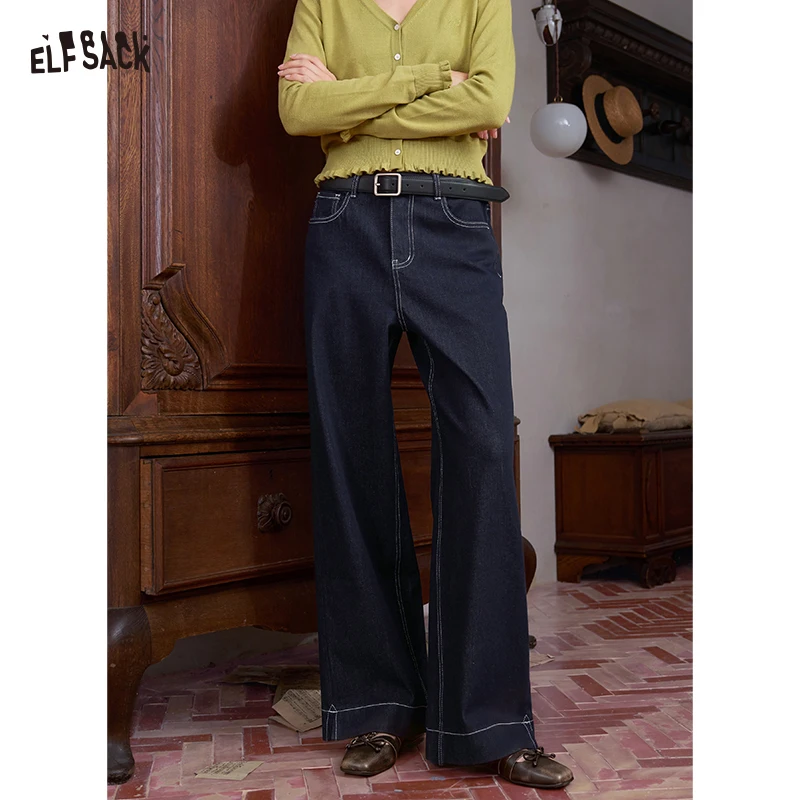 ELFSACK Women Dark Blue Wide‑Leg Jeans with Contrast Stitching, High Waist Loose Denim Trousers for Daily Wear