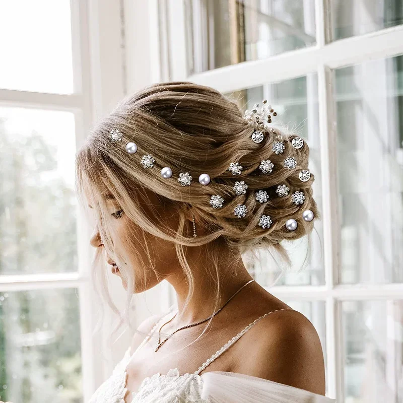 20pcs Pearl Rhinestone Wedding Hair Bridal Accessories Women Pearl Rhinestone U-shaped Pin Metal Barrette Clip Ornaments Jewelry