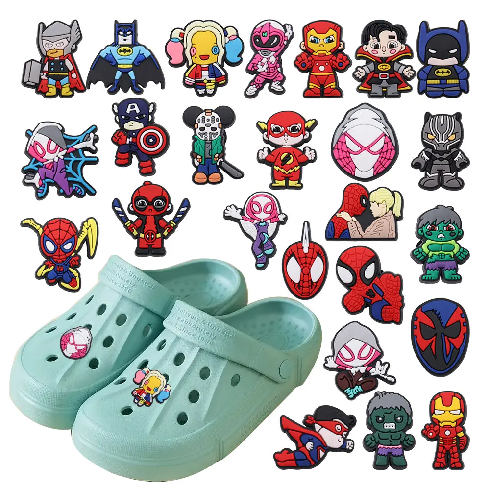 Good Quality 1-25pcs PVC Shoe Charms Spider-Man Spider Gwen Iron Man Thor Accessories Shoes Ornament Fit Wristbands X-mas Gift