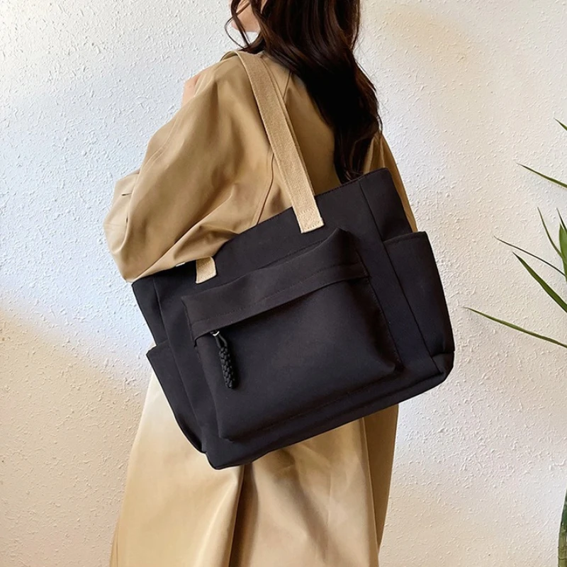 Nylon Tote Bag with Multiple Pocket Lightweight Foldable Design for Office Commute Shopping Fitness Storage Handbag Shoulder Bag