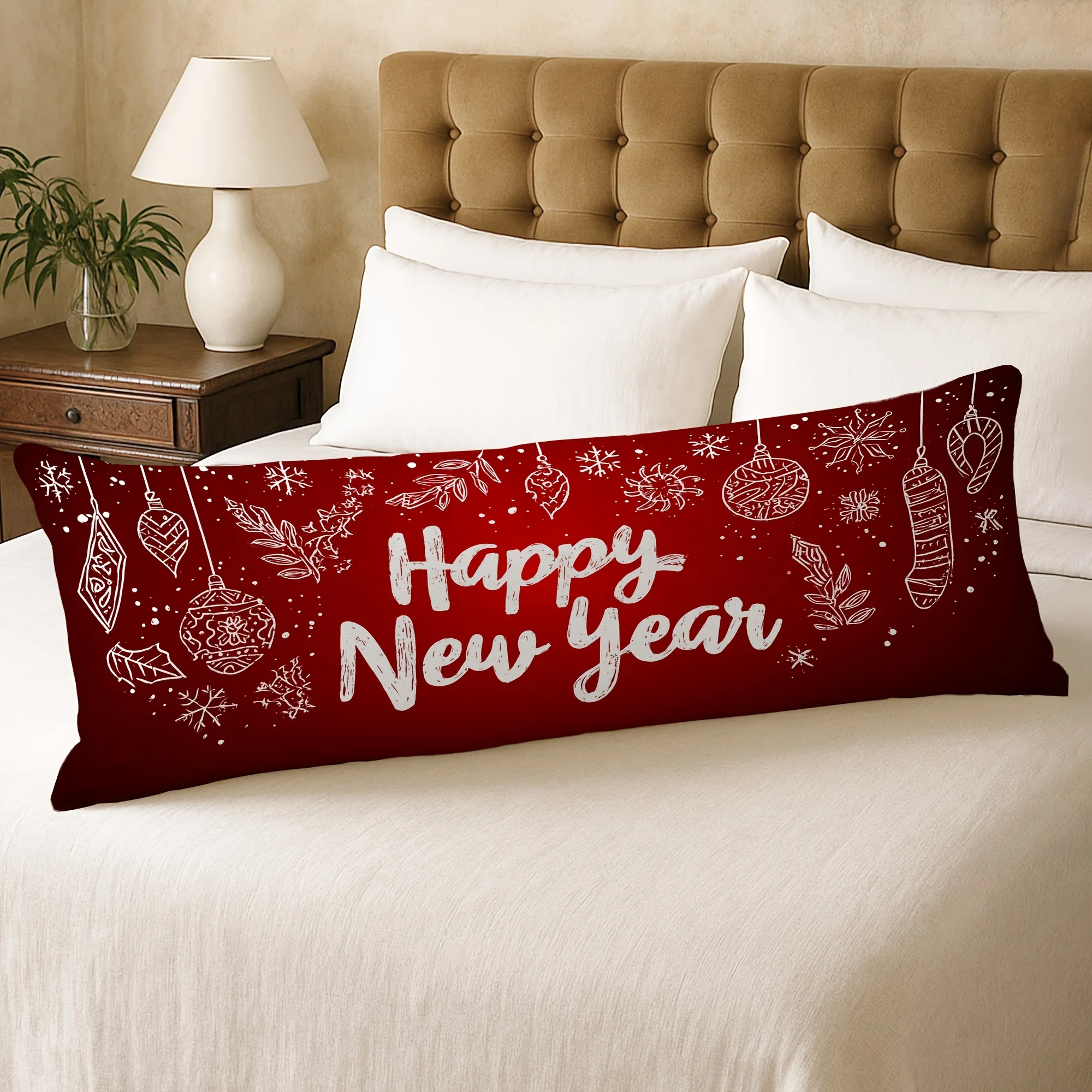 1pc Body Pillow Cover Christmas Decoration Easy Graffiti Ball Leaves Snowflake Red 20*54 Inch for Living Room Bedroom Sofa Bed D