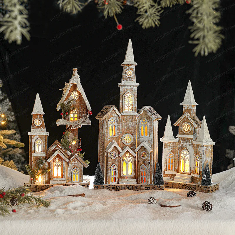 Christmas Decor Glowing Wooden Snow House – European Retro Log Cabin Ornament for Holiday Scene Display
