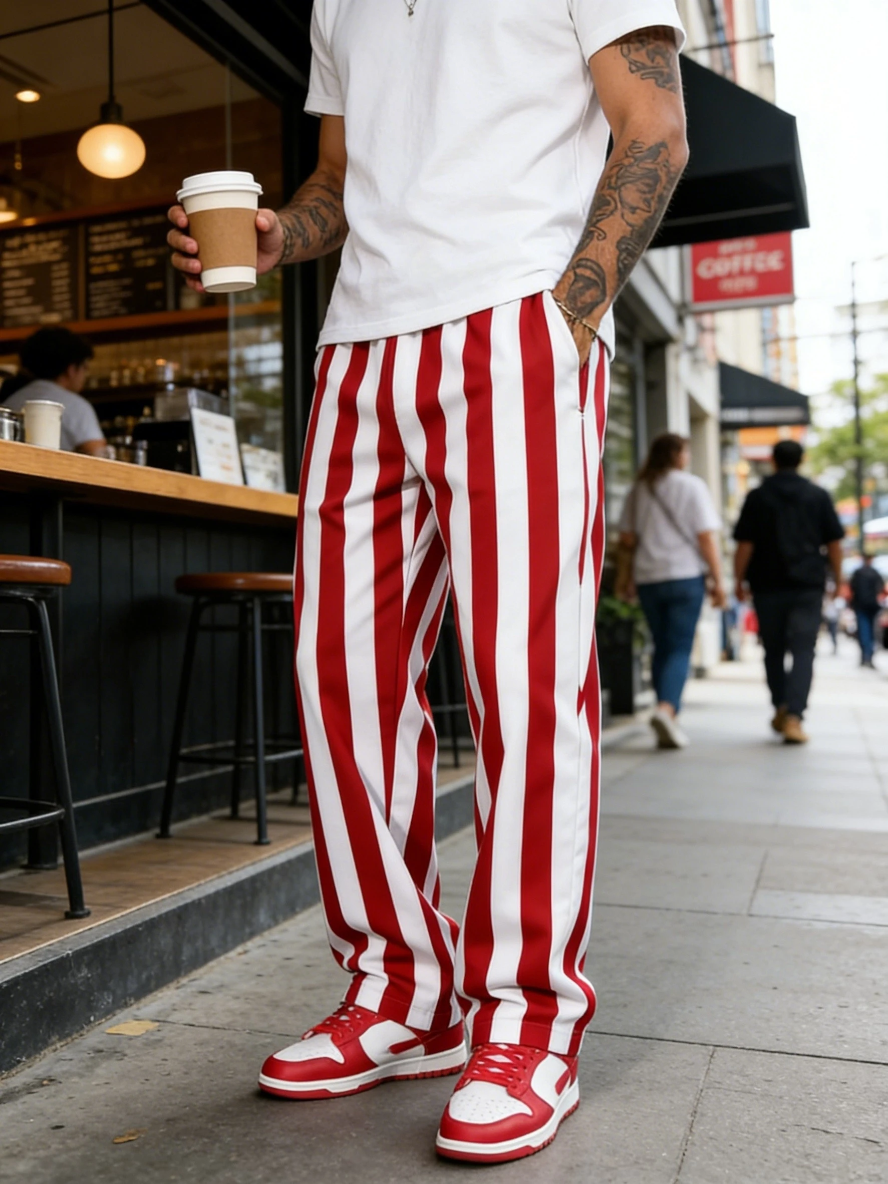 Men's Red and White Vertical Striped Wide-Leg Long Pants with Drawstring Elastic Waist Summer Beach Resort Loose Casual Pants