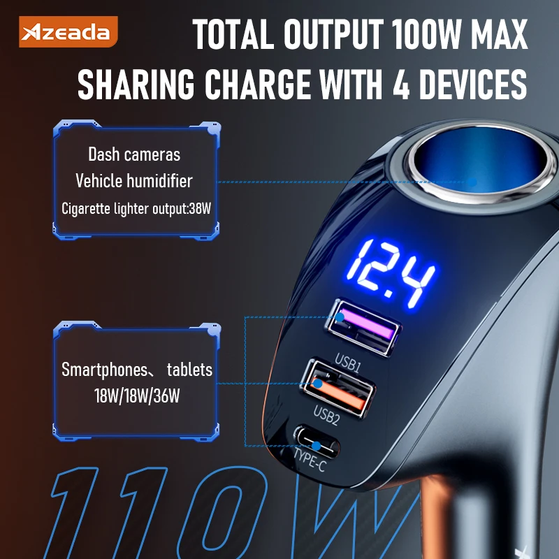 AZEADA 110W  4 in 1 USB Type C Car Charger Fast Charger for iPhone 16 Pro Max Tablet Dash Cameras Xiaomi Oneplus Huawei Samsung